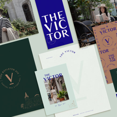 The Victor Apartments logo and brochure and marketing materials